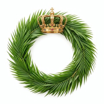A gold crown sitting atop a lush green palm leaf wreath on a white background
