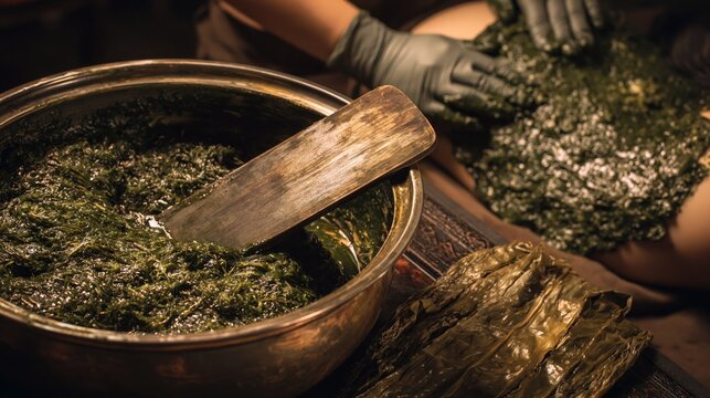 A seaweed body wrap mud cocoon spa treatment.