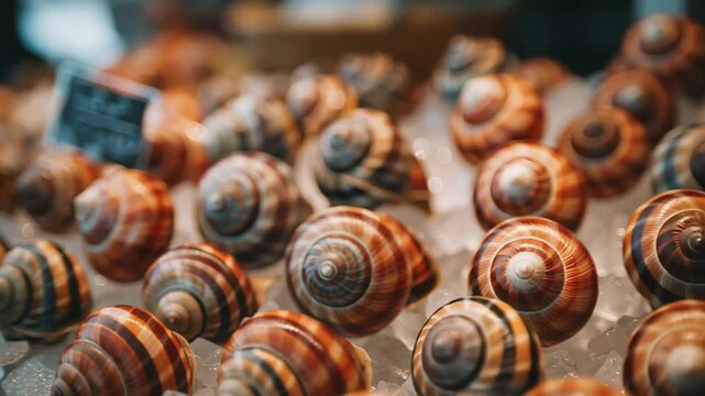 Fresh snails on ice at a market stall with a price tag in the background
