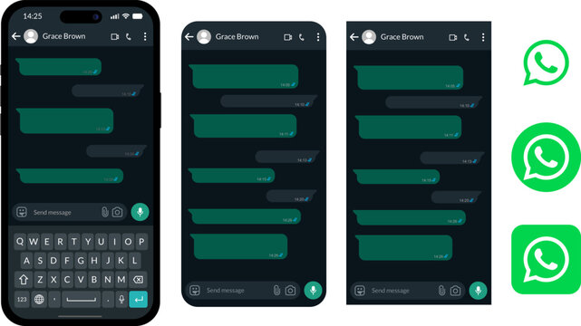 Chat screen for mobile messaging apps, with dark mode aesthetics and empty speech bubbles, including various logo shapes and WhatsApp-style keyboard layouts