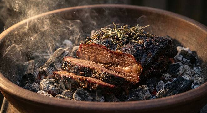 Charcoal‑cooked beef inside an enclosed traditional mud oven (tandoor or earth oven) &ndash; rustic, smoky, slow‑roasted meat with charred edges, authentic cooking method, steam and smoke rising