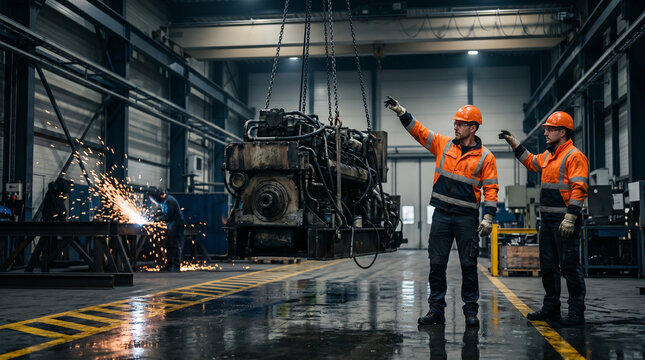 Oversize cargo challenge, riggers in hard hats using hand signals to guide a crane lowering industrial machinery into a factory bay, rain-slicked floor reflecting yellow safety markings, sparks from