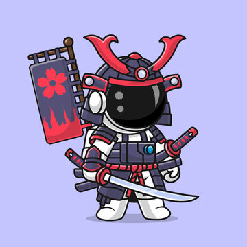 Cute Astronaut Samurai With Katana Sword Cartoon