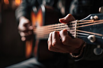Fototapeta premium A close-up shot captures a musician's hands skillfully playing an acoustic guitar, highlighting the instrument's strings and details against a blurred background.