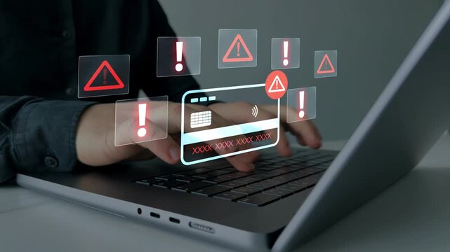 Financial scam concept showing bank card fraud,mobile phone phishing and online payment risk. Security alert, data protection and identity theft warning in digital banking.