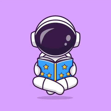 Cute Astronaut Reading Book Space Cartoon 