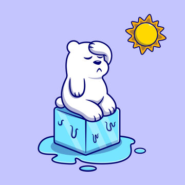 Cute Polar Bear Sitting On Melting Ice Box With Sun Cartoon 