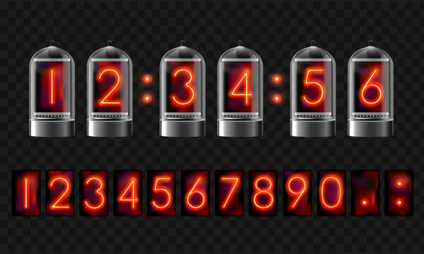 Vintage nixie nuclear atomic clock tube. Retro set solated on transparent background. Vector mockup