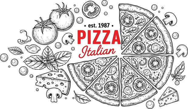 Vector illustration of Italian pizza slices with hand drawn ingredients including tomatoes mushrooms cheese and basil for restaurant menu and traditional pizzeria branding design.