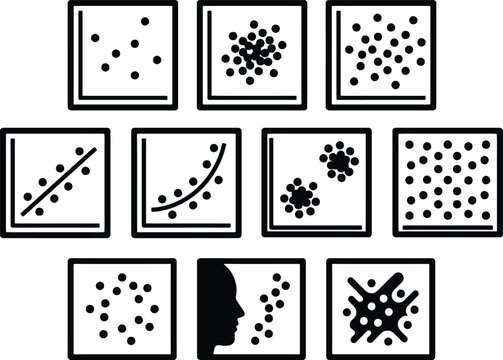 Minimalist data visualization icons, black and white scatter plot vector set, scientific chart symbols for analytics and research presentations