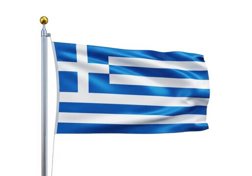 Flag of greece waving on a flagpole isolated on white background