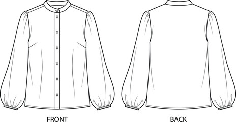 Technical flat fashion sketch of a women's band collar blouse with long puff sleeves and front button placket © MdAtiar