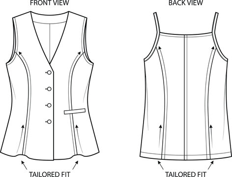 Technical Fashion Sketch of a Tailored Fit Buttoned Vest and Sleeveless Camisole Top for Apparel Design Mockup