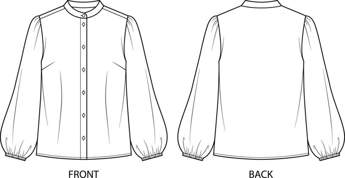 Technical flat fashion sketch of a women's band collar blouse with long puff sleeves and front button placket
