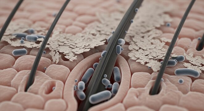 3d render of hair follicles with skin cells and bacteria, detailed medical illustration