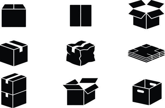 Sammlung von schwarzen Silhouetten, die verschiedene Arten von Kartons und Verpackungen darstellen, von geschlossen bis besch&auml;digt.