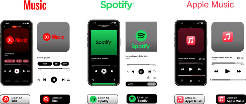 User interface components and playback layouts for music applications, dark and light mode streaming buttons for mobile devices, professional audio software design elements for creators
