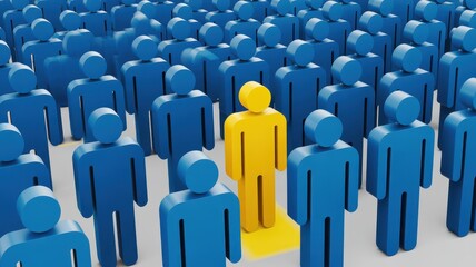Fototapeta premium premium One yellow person standing out from a crowd of blue people isolated on white background background