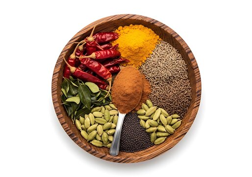 Wooden bowl with various Indian spices including chilies turmeric cardamom cumin mustard seeds.