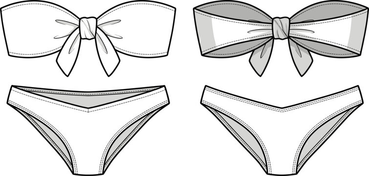 Women's Strapless Bandeau Bikini Set with Decorative Front Bow Detail Technical Fashion Illustration Flat Sketch Template