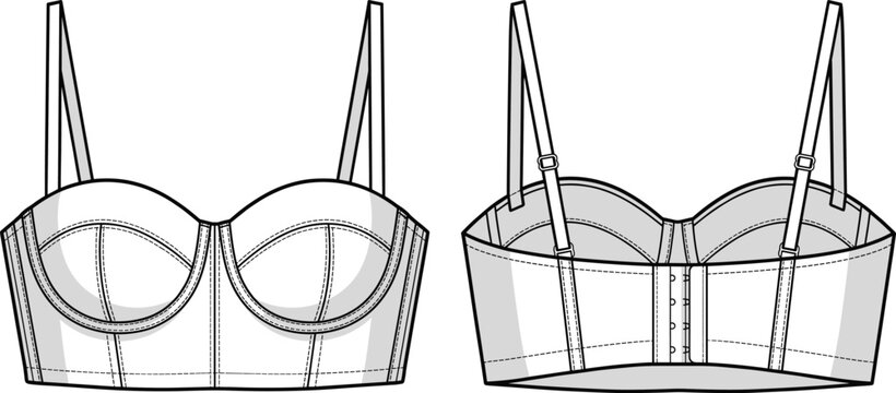 Women's Underwired Bustier Crop Top Technical Fashion Illustration Featuring Adjustable Spaghetti Straps and Hook and Eye Back Closure