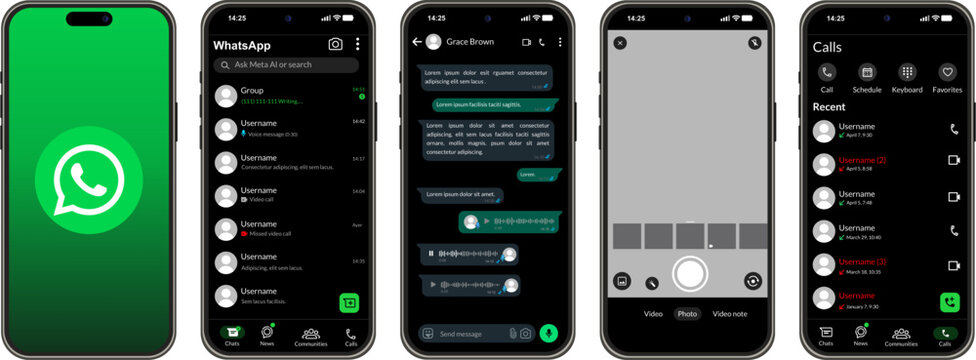 WhatsApp mobile application interface design, social media communication platform, messaging application user experience in dark mode