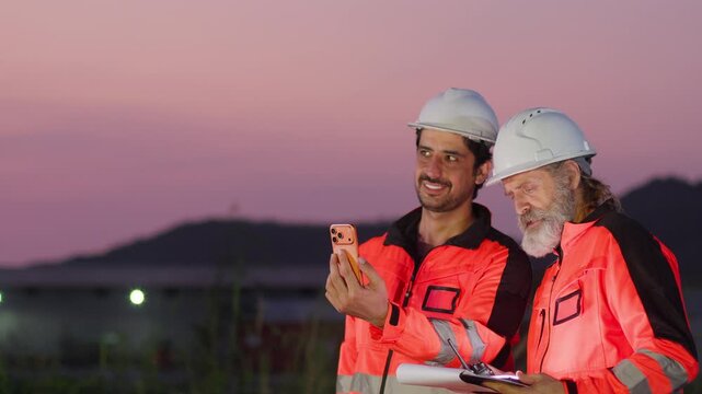 Two engineers collaborate on a night shift, using a smartphone for industrial site management and data analysis at a refinery to ensure safety compliance.