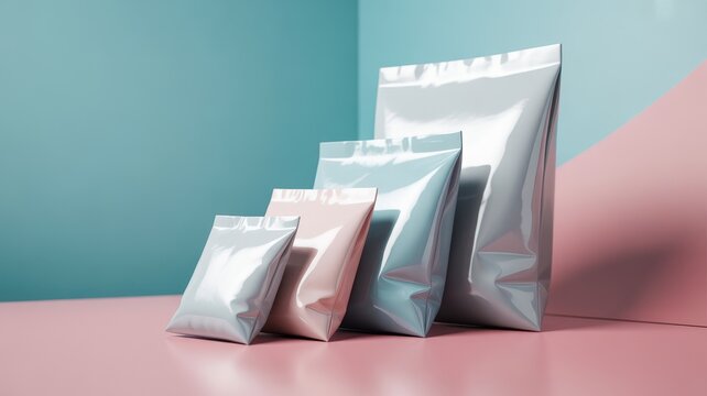 premium Set of four shiny blank plastic courier bags in varying sizes against a dual-tone background background
