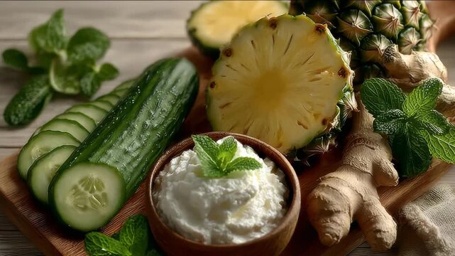 Flat lay of anti-bloating foods. Fresh pineapple slices cucumber ginger root and a bowl of whipped cream with mint leaves on a rustic wooden plate natural food concept