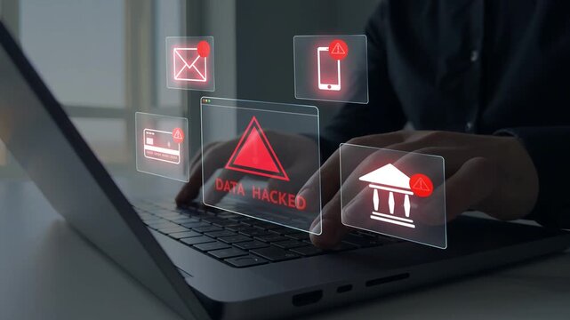 Financial scam concept showing bank card fraud,mobile phone phishing and online payment risk. Security alert, data protection and identity theft warning in digital banking.