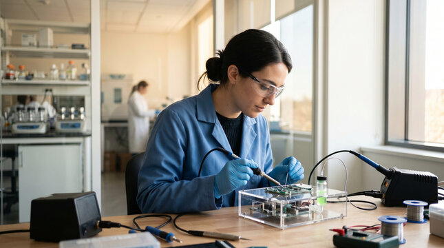 Synthetic biosensor designer integrating engineered bacterial reporter genes into prototype environmental monitoring device, single biotechnology engineer soldering circuit connections in electronic