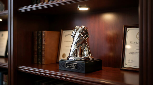Prestigious partnership award trophy with handshake symbol on a wooden base, displayed among books and certificates.