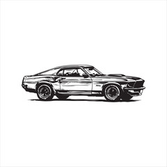 Fototapeta premium Classic american muscle car in black and white illustration style side view