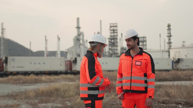 Two engineers in hard hats discussing a project plan at an oil refinery, collaborating on industrial site management and supply chain logistics for the energy sector.