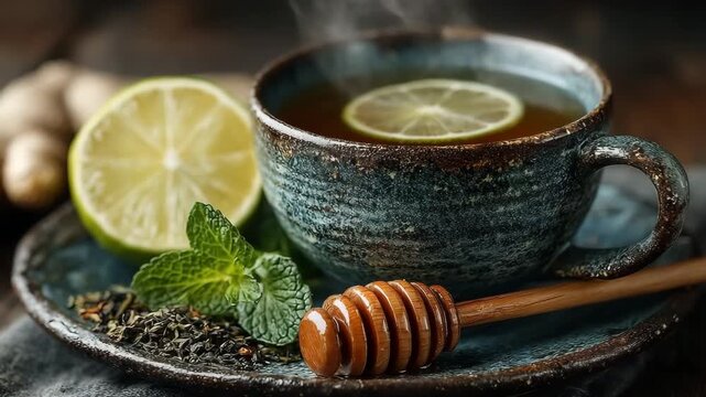 Best herbal teas for cold and flu. Hot herbal tea with lemon slice in rustic cup fresh mint honey dipper and ginger root on dark wooden background concept of wellness.