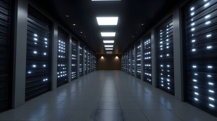 Fototapeta premium A view down a modern brightly lit data center corridor flanked by symmetrical rows of glowing server racks