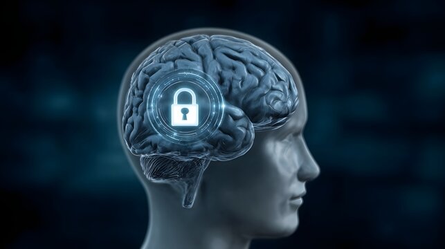 A stylized profile visualization of a human brain featuring an illuminated digital lock icon symbolizing mental security and data protection