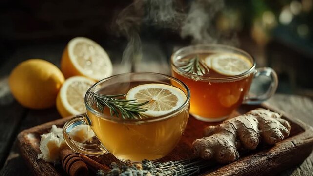 Two steaming herbal teas with lemon slices rosemary ginger and lavender on wooden tray rustic setting concept of natural wellness drink