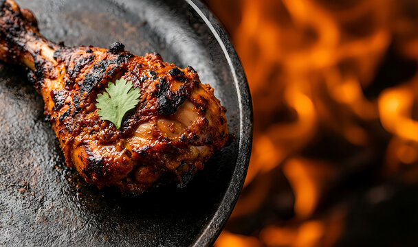 An extreme close-up of a single piece of charred Tandoori Chicken (drumstick) on a dark cast-iron sizzler plate on the left third of the frame.