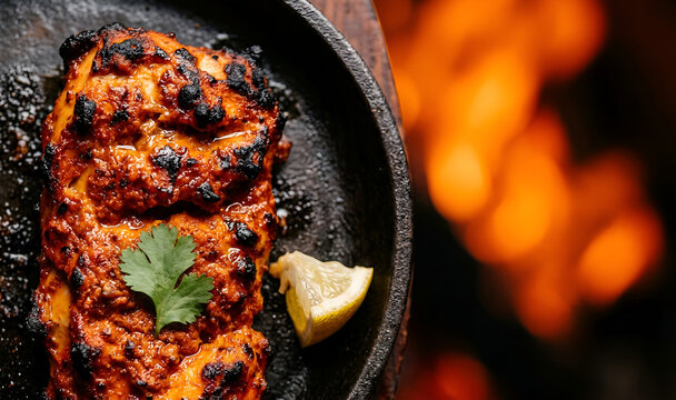An intimate, close-up photograph of a single piece of well-charred Chicken Tikka (boneless, clay-oven cooked chicken) resting on a dark, rustic cast-iron sizzler plate on the far-left vertical third. 