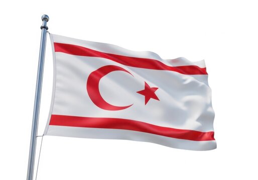 Flag of northern cyprus waving on a flagpole isolated on white background