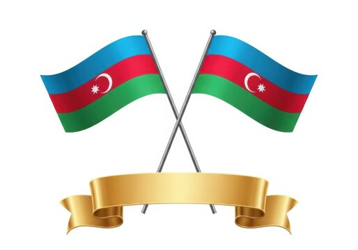 Two crossed flags of azerbaijan with a golden ribbon banner underneath, isolated on white background