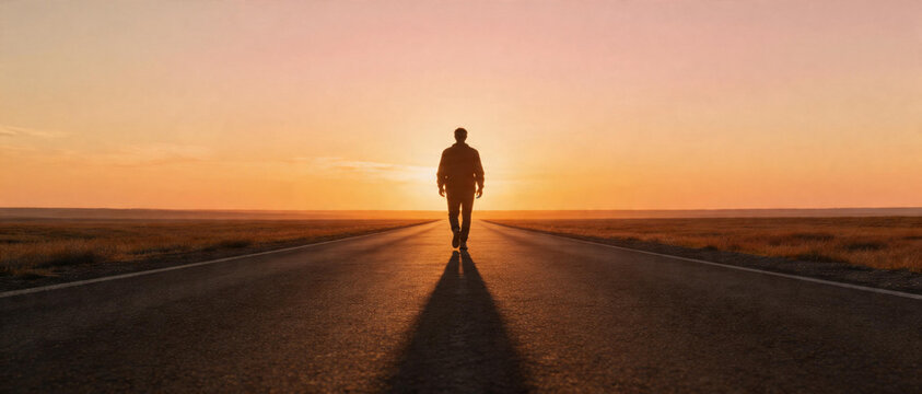 A lone person walks down an empty road at sunset, casting a long shadow with the warm, colorful sky stretching over a vast open landscape.