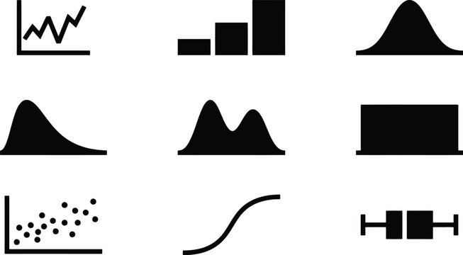 Data visualization icon set with 9 vector charts, statistical distribution graphs and business analytics diagrams, black flat infographic elements