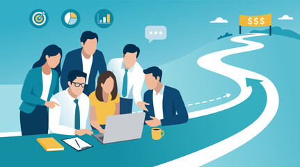 Naklejka premium Teamwork and growth. Illustration of a diverse business team collaborating around a laptop, gathered in the foreground with a winding road stretching into the distance toward a financial goal.