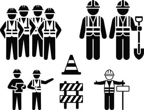 Construction workers team with safety gear and road signs