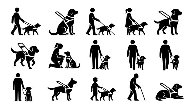 Guide Dog and Blind Person Icon Set &ndash; Assistance Dog and Accessibility Silhouette Symbols