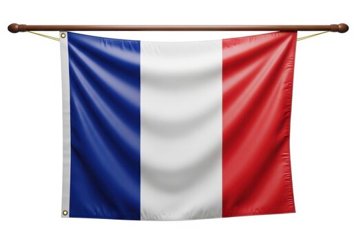 French flag hanging on a wooden rod, isolated on white background