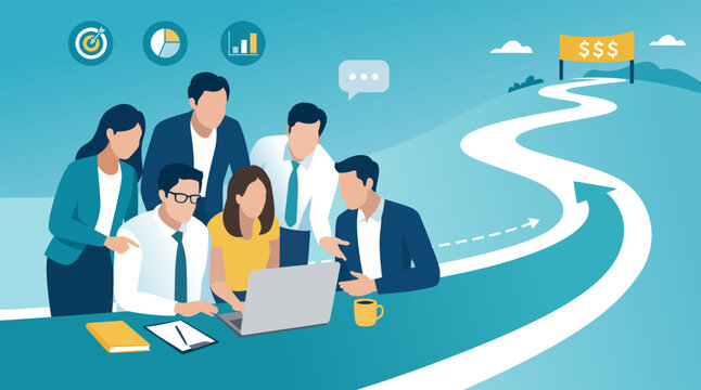 Teamwork and growth. Illustration of a diverse business team collaborating around a laptop, gathered in the foreground with a winding road stretching into the distance toward a financial goal.