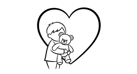 Fototapeta premium Black and white line art illustration of a young boy hugging a teddy bear in front of a large heart shape.